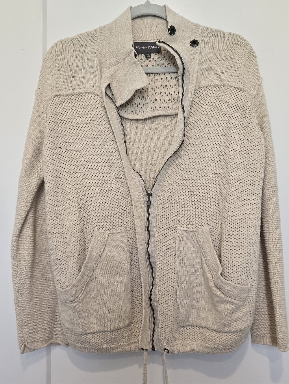 Michael Stars Cozy Cotton Cream Zip-Up Knit Cardigan with Pockets Moto Style